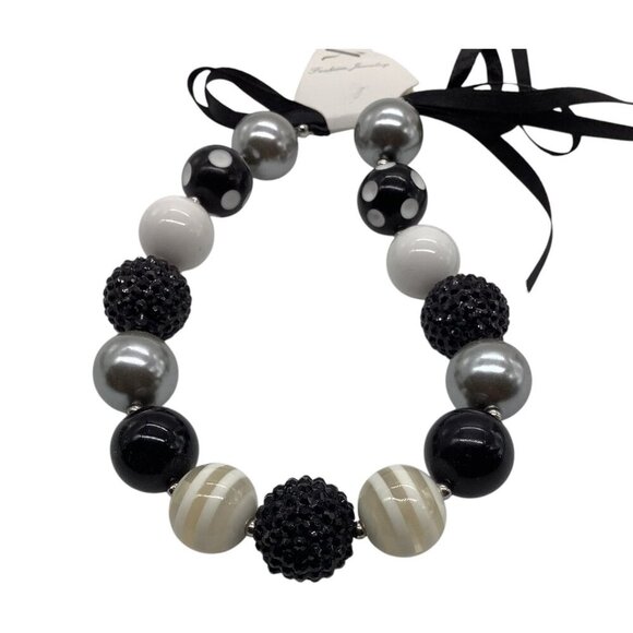 Chunky Beaded Girls Necklace With Ribbon Tie Closure In Black White & Silver - Picture 8 of 11